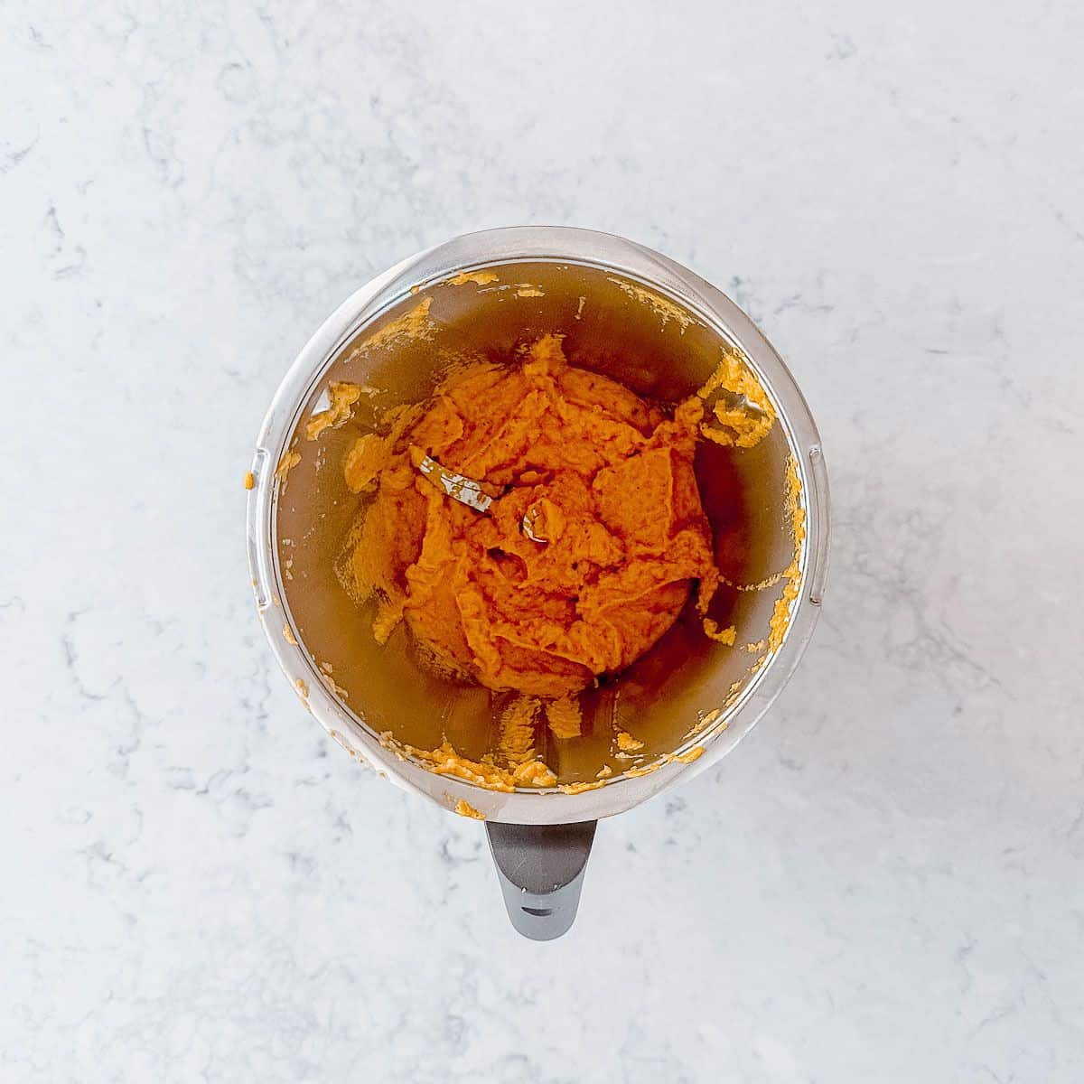 Vegetable stock puree in a Thermomix bowl.