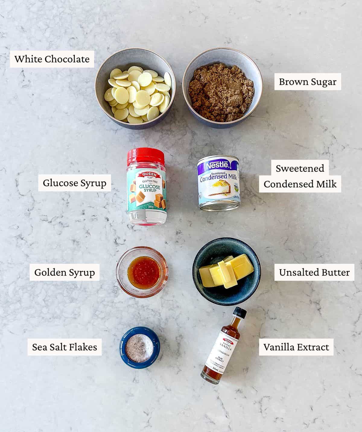 A collection of ingredients needed to make salted caramel fudge.