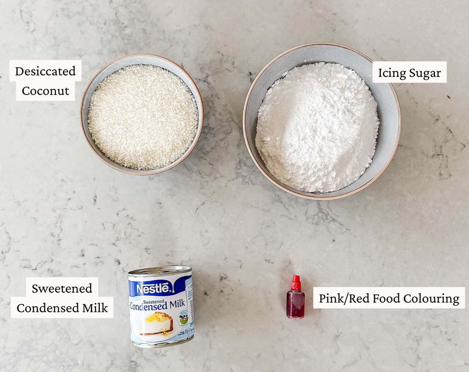 A collection of ingredients to make coconut ice.