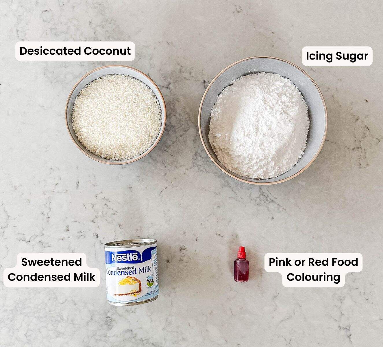 A collection of ingredients used to make coconut ice.