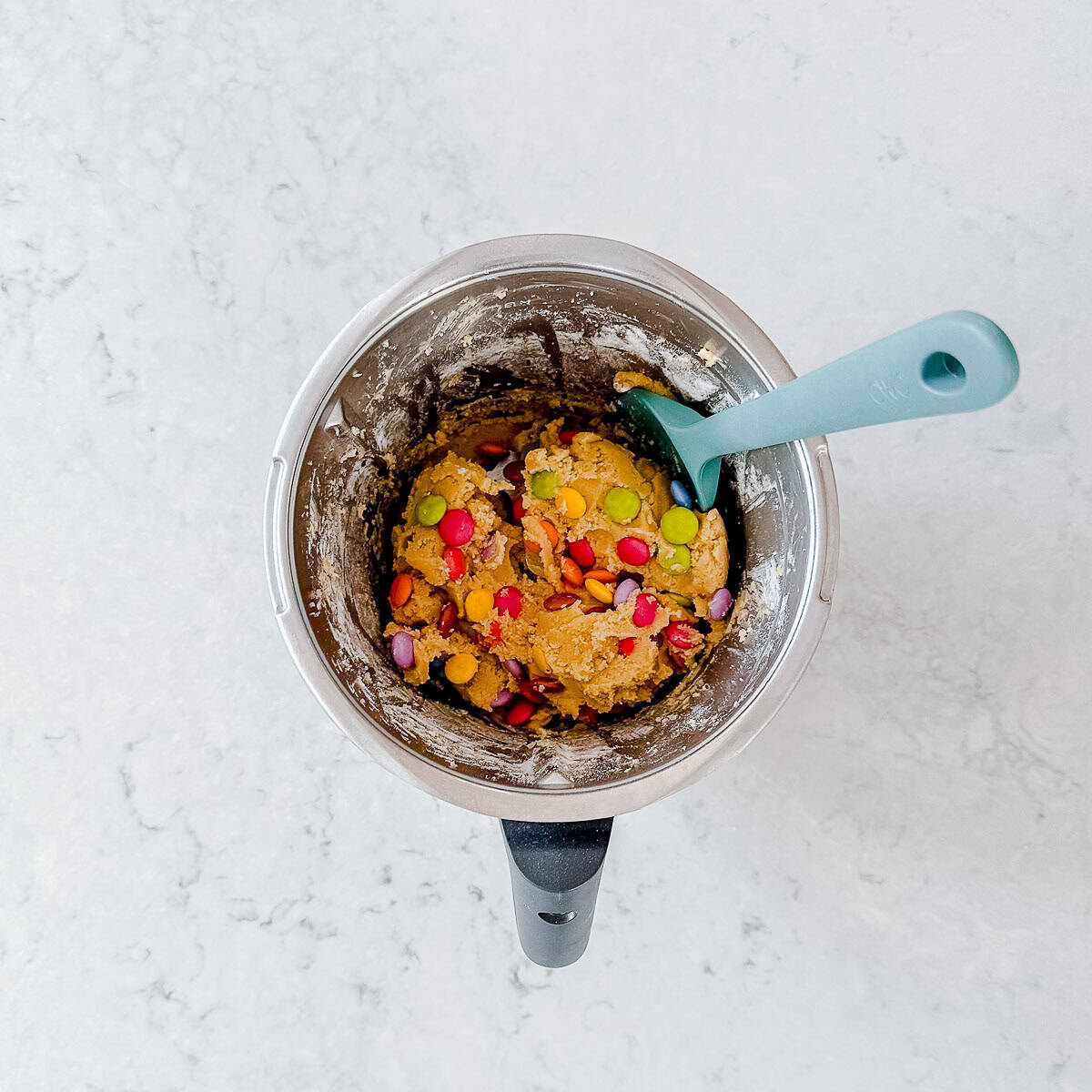 Smartie cookie dough in a thermomix bowl.