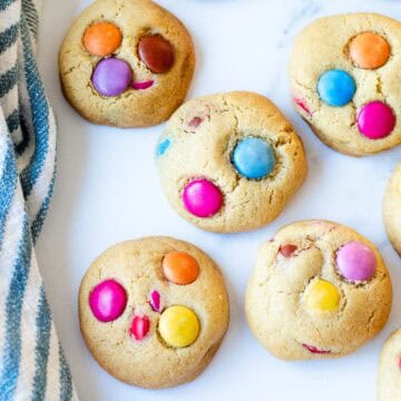 Smartie Cookies on a white background.