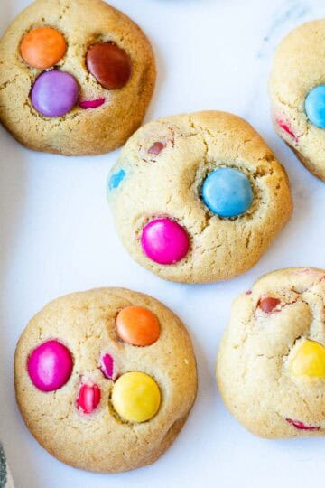 Smartie Cookies on a white background.